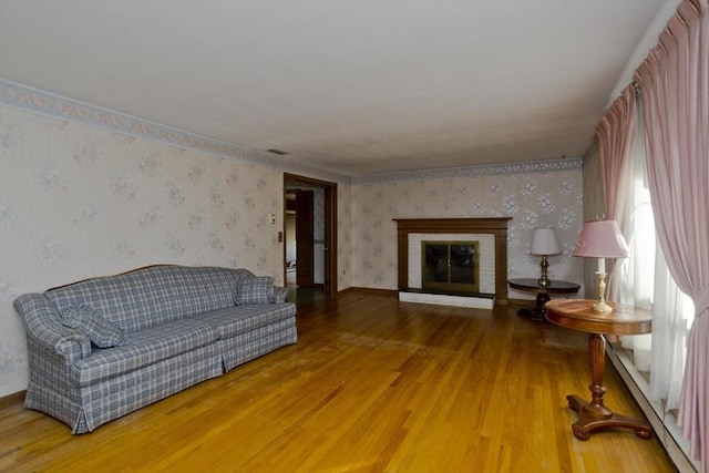 living room featuring wood-type flooring and a baseboard radiator