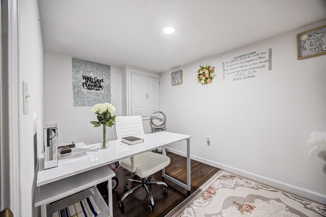 office featuring recessed lighting, baseboards, and dark wood-style floors
