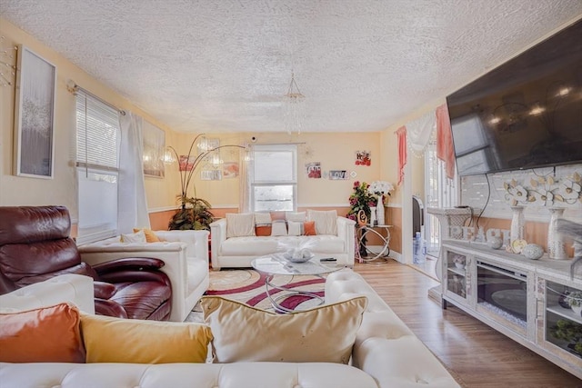 living room with a healthy amount of sunlight, a textured ceiling, and wood finished floors