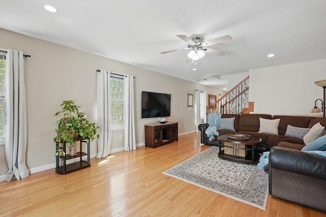 3 Birch Ave, East Longmeadow, MA 01028 - living room featuring stairs, a ceiling fan, light wood-type flooring, baseboards, and recessed lighting