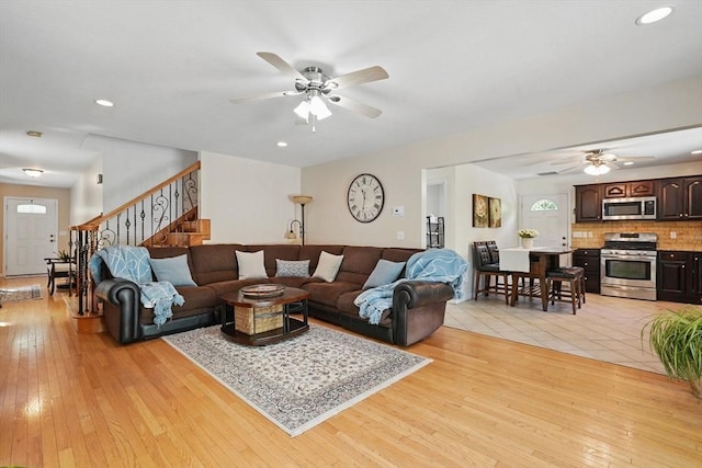 3 Birch Ave, East Longmeadow, MA 01028 - living area featuring a ceiling fan, light wood-style flooring, stairs, and recessed lighting