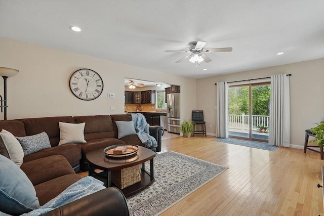 3 Birch Ave, East Longmeadow, MA 01028 - living room featuring ceiling fan, light wood-style flooring, baseboards, and recessed lighting