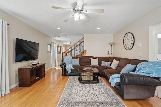3 Birch Ave, East Longmeadow, MA 01028 - living area featuring light wood-type flooring, ceiling fan, stairway, recessed lighting, and baseboards