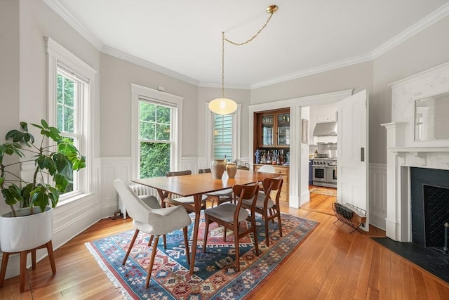 97 Manet Rd, Newton, MA 02467 - dining room with a premium fireplace, light wood-type flooring, wainscoting, crown molding, and a decorative wall