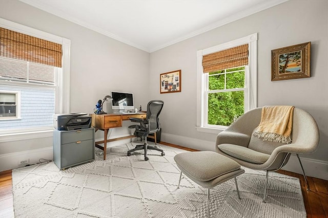 97 Manet Rd, Newton, MA 02467 - office with baseboards, wood finished floors, and ornamental molding