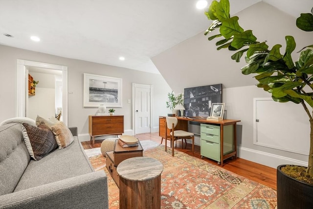 97 Manet Rd, Newton, MA 02467 - living room featuring light wood-type flooring, recessed lighting, baseboards, and lofted ceiling