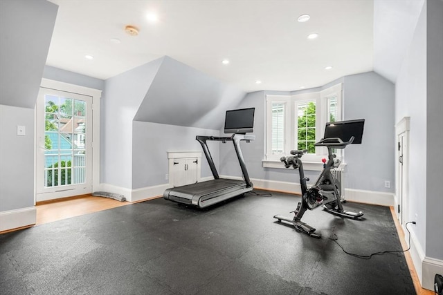 97 Manet Rd, Newton, MA 02467 - workout area with baseboards, lofted ceiling, and recessed lighting