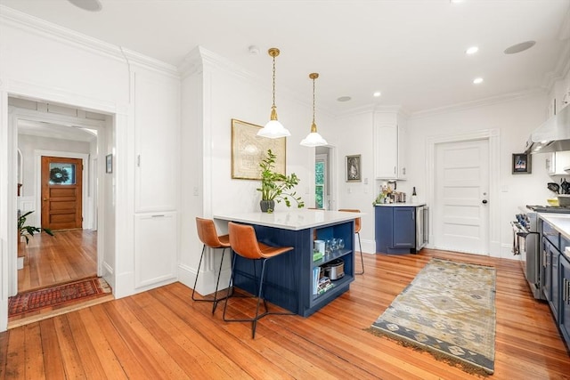97 Manet Rd, Newton, MA 02467 - kitchen featuring blue cabinets, open shelves, light wood-type flooring, stainless steel stove, and recessed lighting