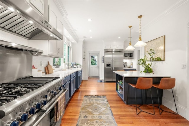 97 Manet Rd, Newton, MA 02467 - kitchen featuring built in appliances, range hood, white cabinetry, crown molding, and light countertops