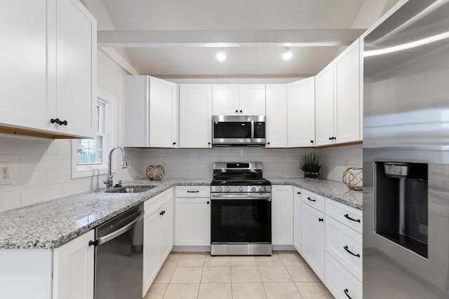 kitchen with sink, stainless steel appliances, white cabinets, and tasteful backsplash