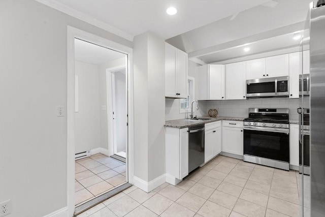 kitchen with stainless steel appliances, light tile patterned floors, stone countertops, white cabinets, and sink