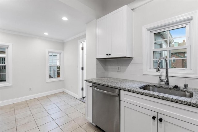 kitchen with sink, white cabinetry, dishwasher, and light stone countertops