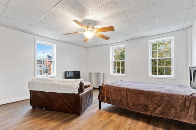 bedroom featuring radiator, hardwood / wood-style floors, a paneled ceiling, and ceiling fan