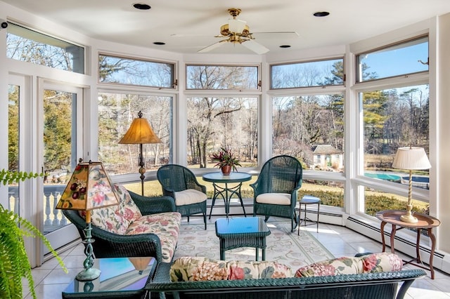 sunroom / solarium with ceiling fan and a wealth of natural light