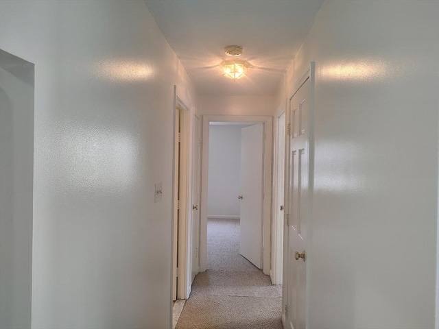 corridor featuring light colored carpet