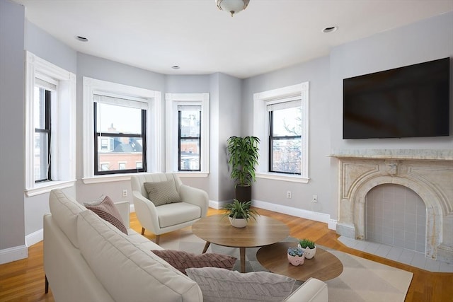 living room with light hardwood / wood-style flooring