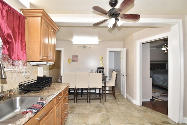 kitchen featuring a sink, ceiling fan, decorative backsplash, and baseboards