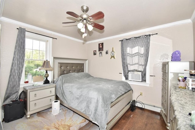bedroom featuring a baseboard radiator, crown molding, dark wood-style floors, cooling unit, and baseboards