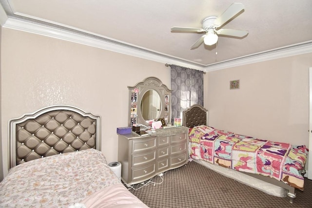 bedroom with ornamental molding, carpet flooring, and ceiling fan