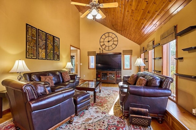 living room featuring wood ceiling, ceiling fan, wood-type flooring, and high vaulted ceiling