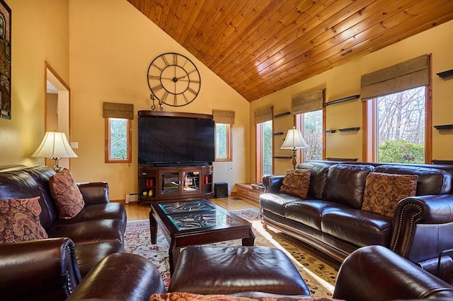 living room with hardwood / wood-style flooring, high vaulted ceiling, a baseboard heating unit, and wood ceiling