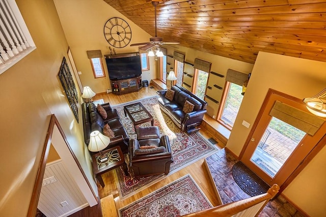 living room featuring hardwood / wood-style floors, ceiling fan, wood ceiling, and high vaulted ceiling