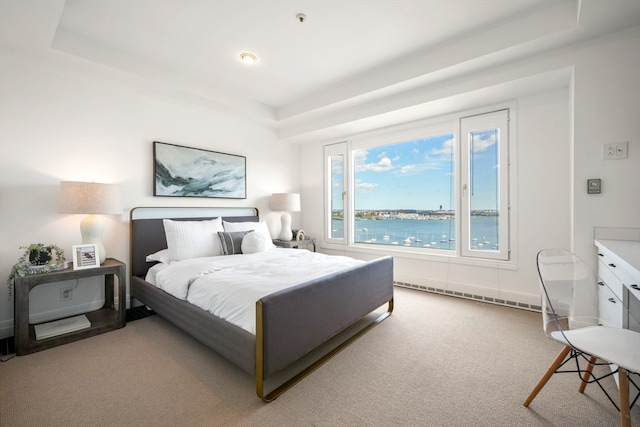 carpeted bedroom with a water view and a raised ceiling