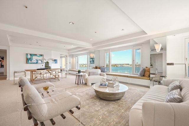 carpeted living room featuring a raised ceiling and a water view