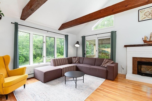 10 Longmeadow Ln, Medway, MA 02053 - living room with beam ceiling, baseboard heating, wood finished floors, a brick fireplace, and high vaulted ceiling
