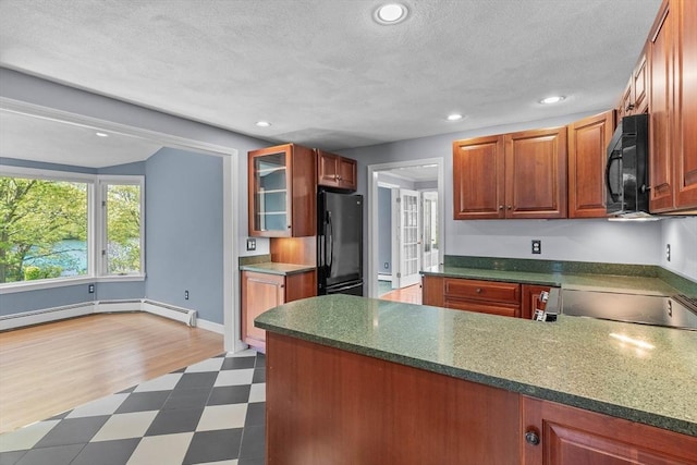 35 Crest Rd, Framingham, MA 01702 - kitchen featuring black appliances, dark flooring, glass insert cabinets, recessed lighting, and a peninsula