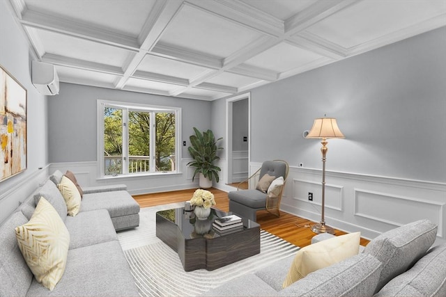 35 Crest Rd, Framingham, MA 01702 - living room featuring wood finished floors, a wainscoted wall, beamed ceiling, a wall unit AC, and coffered ceiling