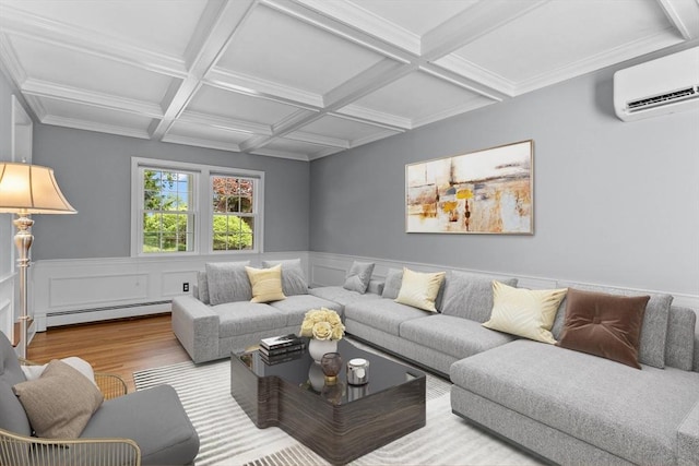 35 Crest Rd, Framingham, MA 01702 - living room featuring a baseboard radiator, an AC wall unit, wood finished floors, coffered ceiling, and beamed ceiling