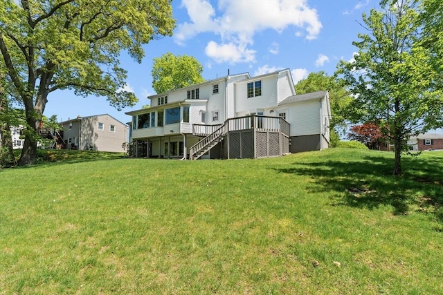 35 Crest Rd, Framingham, MA 01702 - rear view of house featuring stairs, a wooden deck, and a lawn
