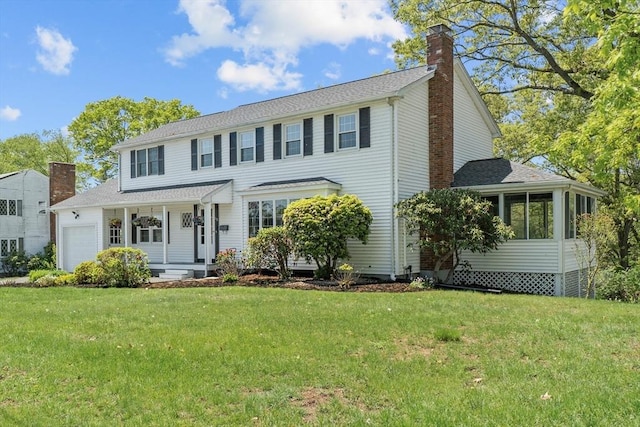35 Crest Rd, Framingham, MA 01702 - colonial home featuring a porch, a chimney, a front yard, an attached garage, and a sunroom