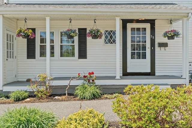 35 Crest Rd, Framingham, MA 01702 - property entrance with covered porch and a shingled roof
