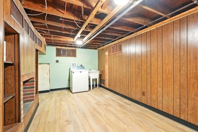 132 Nelson St, West Springfield, MA 01089 - laundry area featuring washer / clothes dryer, light wood-style flooring, and wood walls