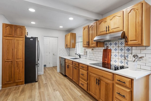649 Robin Hill St, Marlborough, MA 01752 - kitchen with appliances with stainless steel finishes, under cabinet range hood, light wood-style floors, recessed lighting, and decorative backsplash