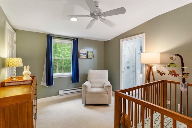 649 Robin Hill St, Marlborough, MA 01752 - bedroom featuring baseboard heating, a crib, light colored carpet, and a ceiling fan