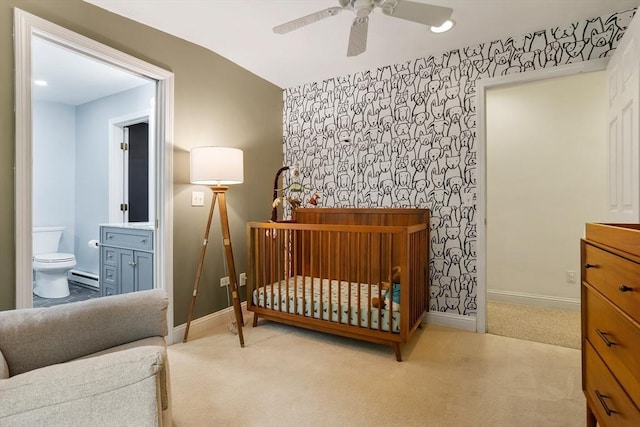 649 Robin Hill St, Marlborough, MA 01752 - bedroom featuring carpet, wallpapered walls, an accent wall, baseboard heating, and ensuite bathroom