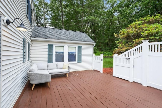 649 Robin Hill St, Marlborough, MA 01752 - wooden terrace featuring an outdoor living space and view of wooded area