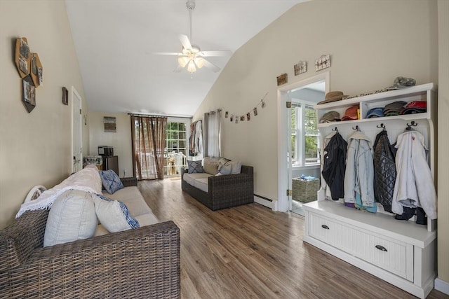 150 Church Ave, Warwick, RI 02889 - living room with baseboard heating, ceiling fan, wood finished floors, and high vaulted ceiling