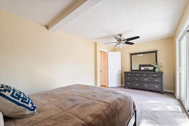 bedroom featuring baseboards, visible vents, beam ceiling, ceiling fan, and light carpet