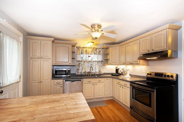 kitchen featuring ceiling fan, sink, wood counters, light hardwood / wood-style flooring, and appliances with stainless steel finishes