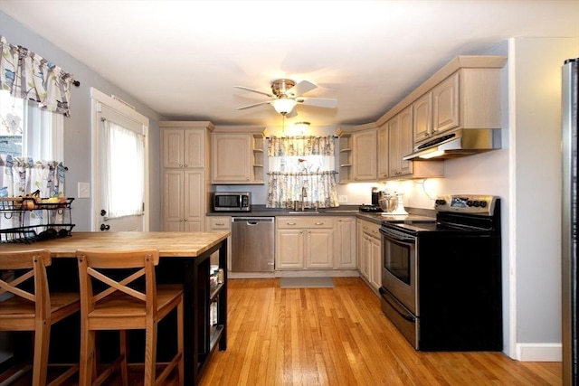 kitchen featuring sink, light hardwood / wood-style flooring, ceiling fan, butcher block counters, and stainless steel appliances