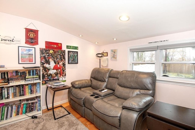 living room with light hardwood / wood-style floors and vaulted ceiling