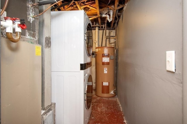 utility room with stacked washing maching and dryer and gas water heater