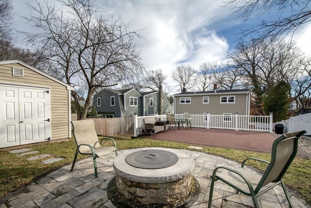 view of patio / terrace with a fire pit and a wooden deck