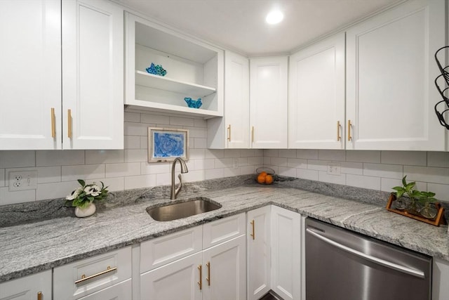 42 2nd Ave Unit 40, North Attleboro, MA 02760 - kitchen featuring dishwasher, white cabinets, open shelves, and tasteful backsplash