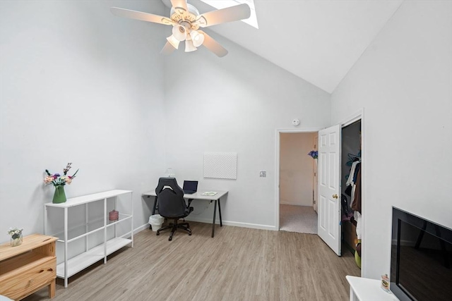42 2nd Ave Unit 40, North Attleboro, MA 02760 - office area featuring wood finished floors, high vaulted ceiling, and ceiling fan