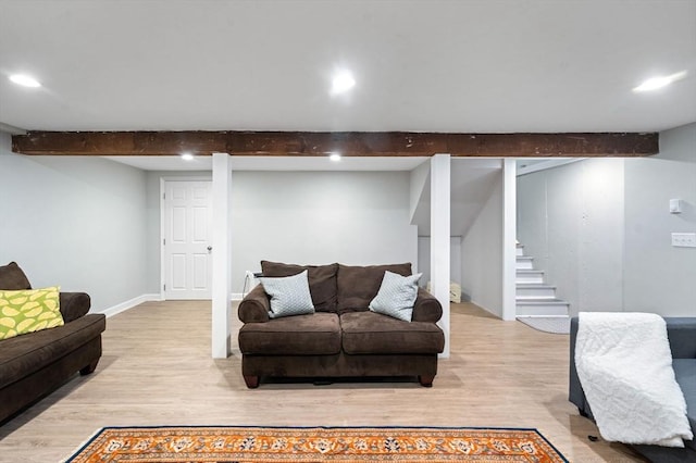 42 2nd Ave Unit 40, North Attleboro, MA 02760 - living room with beam ceiling, light wood finished floors, stairs, and recessed lighting